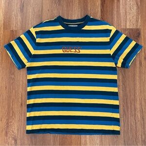 Vintage Guess Originals Mens Medium Blue Yellow Striped Embroidered T-Shirt